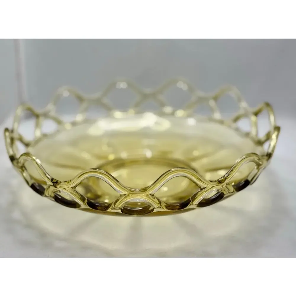 Vintage Imperial Glass Amber Laced Edge Open Lace Serving Bowl 9” Mid Century